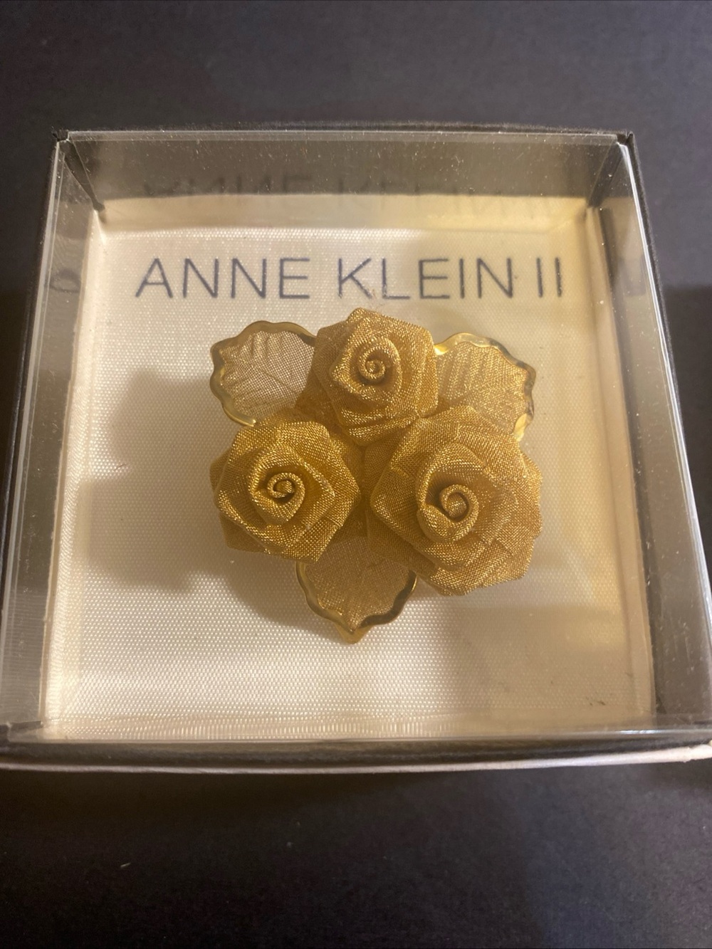 Vintage Anne Klein II Roses Flower Brooch Gold Tone Mesh Metal In Box Old Stock
